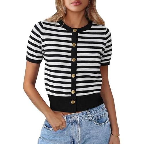 Kistore Womens Summer Casual Short Sleeve Sweater Cardigan Button Down Crew Neck Knitted Crop Cardigan Tops Black White Striped Medium
