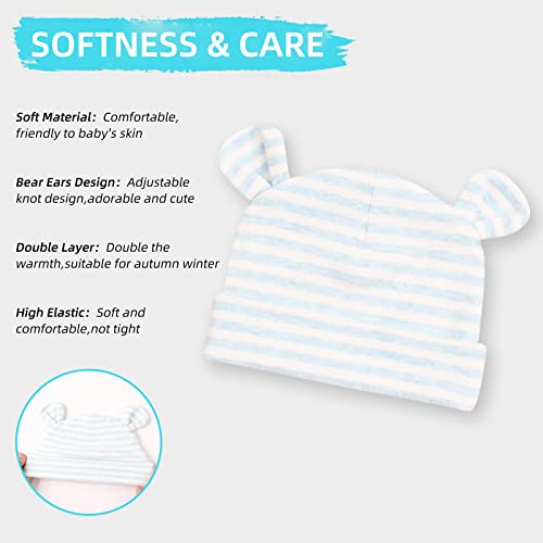 Image of Original Cotton Newborn Hats for Girls Striped Preemie Baby Hats Bear Ears Infant Boys Beanies 0-6 Months