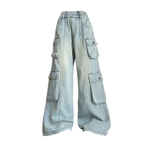 Girls High Waist Cargo Jeans Baggy Flap Pocket ?2K Streetwears Youth Wide Leg Denim Pants with Multi Pockets