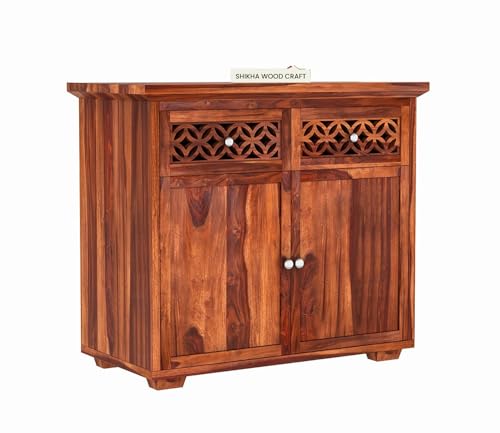 Image of SHIKHA WOOD CRAFT Solid Sheesham Wood Sideboard Cabinet With 2 Drawers and 2 Door Storage | Wooden Multipurpose Cabinet Storage Furniture for Living Room, Bedroom, Home, Kitchen (Natural Honey Finish)