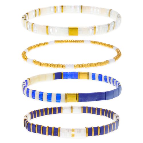 Tila Flat Gold Beaded Bracelets Stretch Set for Women,Handmade Miyuki Glass Square Beads Stack Bracelet Festive Friendship Accessories Jewelry Gift.