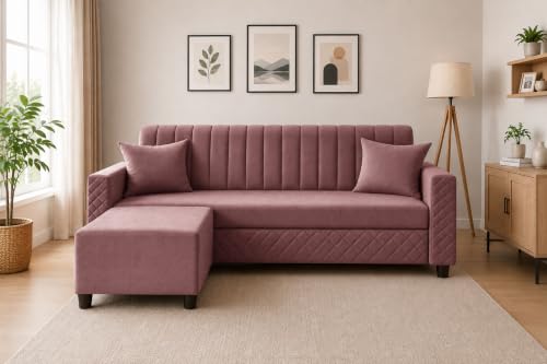 Image of 3 Seater Velvet Sofa with Ottoman | Modern Upholstered Couch | Quilted Design | Soft Comfortable Seating | Sturdy Wooden Frame | Living Room, Office - Rose Pink