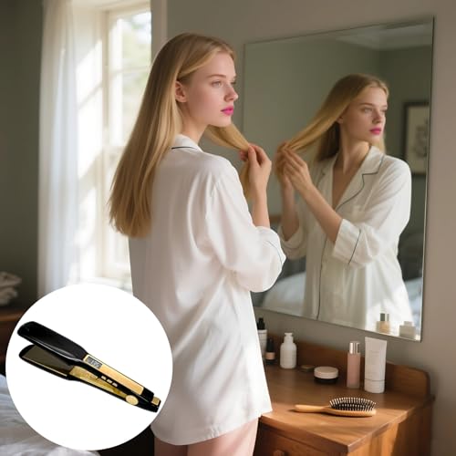 Plancha para el cabello de cerámica y turmalina, calentamiento rápido, para cabello mojado y seco, temperatura ajustable, enchufe estadounidense, diseño elegante negro y dorado miniatura 2