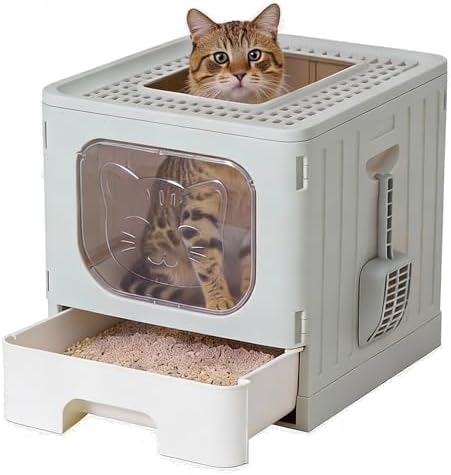 OLIXIS Cat Litter Box with Lid, Large Foldable Cat Box with Litte...
