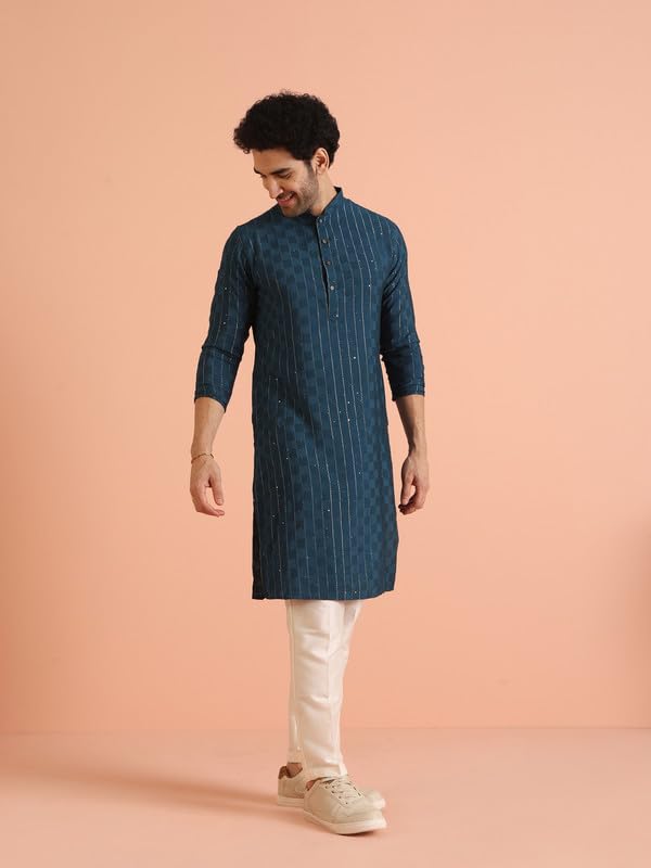 Image of KISAH Men's Silk Blend Textured Woven Kurta Pyjama Set | Festive Wedding Party Ethnic Collection