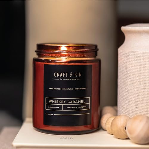 Craft & Kin Scented Candles for Men | Premium Whiskey Caramel Winter Candle | All-Natural Scent for Home | Long Lasting Candles with 45 Hour Burn Time, 8oz