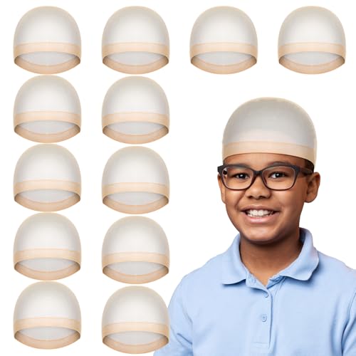 12 Pcs Stocking Wave Cap for Kid Stretchy Nylon Skull Wave Caps Lightweight Beanie Caps Kids Wig Hats (Nude)