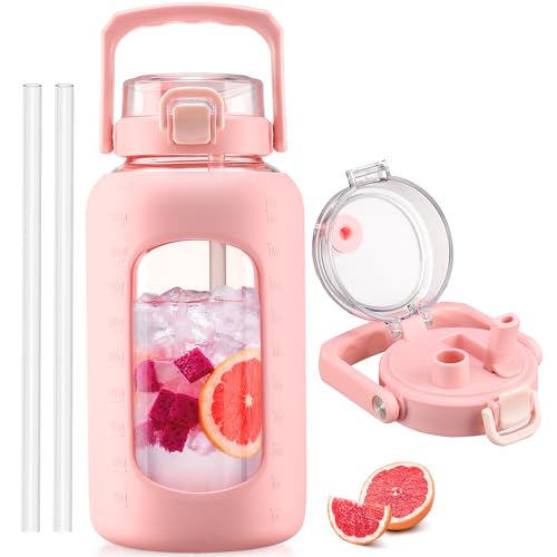 BLUEGO 84oz Glass Water Bottle with Straw and Handle, Large Water Bottle with Sip & Chug Lid, 2.5L Water Jug Silicone Sleeve with Time, Full Day Drinking Bottle for Sports BPA Free, Pink