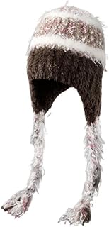 Gorro de lana cálida tejida a mano con correa de felpa de colores mixtos para mujer para otoño e invierno