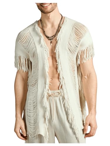 WDIRARA Men's Tassel Hem Hollow Out Vintage Cardigan Ripped V Neck Short Sleeve Casual Outerwear Apricot X-Large