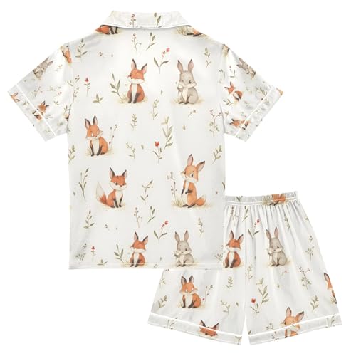 senya Fox Rabbit Cute A Satin Summer Pajama Sets Silk Short Sleeve Button Down Sleepwear2