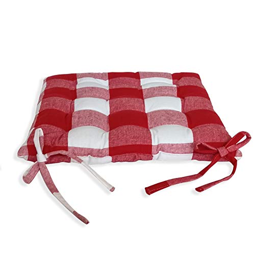 Image of Encasa XO Chair Cushions 40x40 cm with Ties 4 pcs - Buffalo Red Checks - Stripe Cotton Fabric, Rich Square Seat Cushions Micro-Fiber Filling, Large Size for Sitting, Sofa, Dining Table & Outdoor
