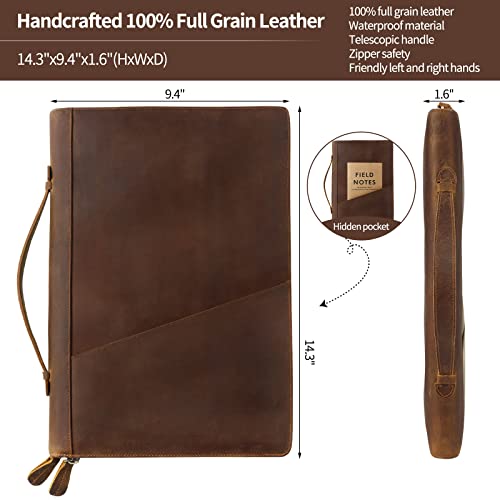 Ringsun Genuine Leather Portfolio Organizer for Men Women with Handle, Full Grain Leather Padfolio Folder with Zipper Business Resume Portfolio for 12.9" iPad, Brown, RS118