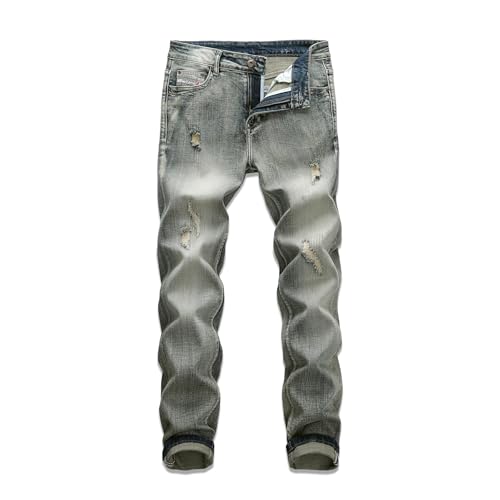 Men's Stretch Ripped Jeans Distressed Slim Fit Straight Leg Fashion Denim Pants