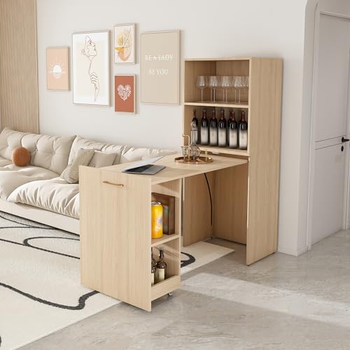 Folding Computer Desk with Wheels,Hideaway Desk with Storage Shelves, Murphy Desk for Small Apartments and Offices