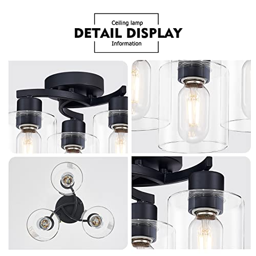 Flush Mount Ceiling Light, 3-Light Close To Ceiling Light Fixtures, Matte Black Bedroom Light Fixtures With Clear Glass Shades, Hallway Light Fixtures With E26 Socket For Kitchen Entryway Foyer #TOP4