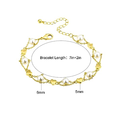 Image of Gold Pearl Bracelet for Women, REAL 14K Gold Plated Double Layered Dainty Pearls Bracelet, Elegant Stackable Flower Jewelry Gift for Her with OT Clasp