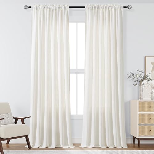 Guken Extra Long Linen Curtains 104 Inch Rod Pocket Ivory Cream 2 Panels