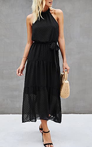 Prettygarden Women’s Casual Halter Neck Sleeveless Floral Long Maxi Dress Backless Loose Ruffle Sundress With Belt (Solid Black,Medium) #TOP3
