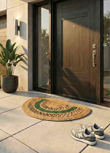 LunaLoop Yarım Ay Jüt Paspas El Yapımı Kapı Önü Banyo Balkon Kilimi Karavan Tekne Ev Dekorasyonu Sevigililer Günü Doğum Günü Yeni Ev Hediyesi Karşılama Deneyimi (Hasır-Yeşil Şerit, 45 X 75 CM)