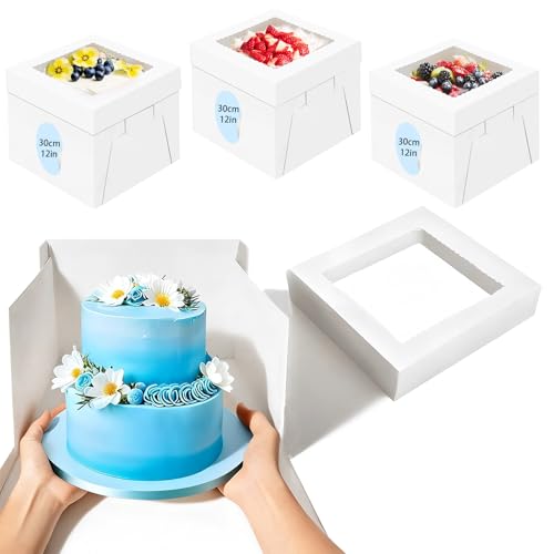 LYSHOOCE 3 Pièces Boîte Gâteau Transport avec Fenêtre 30 × 30 × 30 cm, Boîtes à Gâteau Carton pour Gâteaux Jusqu’à 12 inch de Diamètre