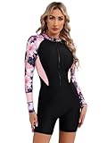 TiaoBug Boyleg Swimsuits for Women Long Sleeve One Piece Swimwear UV Rash Guard Bathing Suit Monokin Pink E Medium