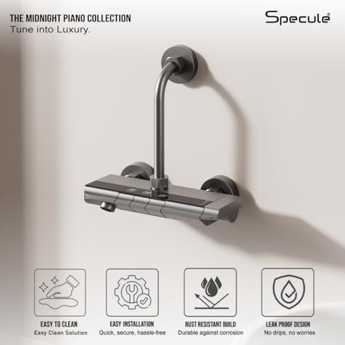 Image of Modern 3 in 1 Wall Mixer for Bathroom with 190 mm L Bend Set | Black Shower Mixer Tap with overhead shower provision | Premium Bathroom Shower System for hot & cold control