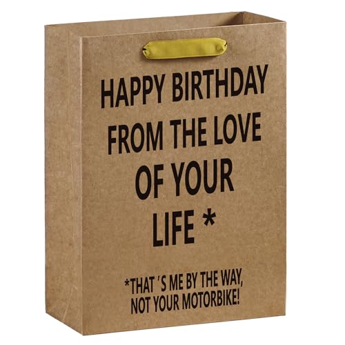 WRAPAHOLIC 13" Large Birthday Kraft Paper Gift Bag - The Love of Your Life That's Me Not Your Motorbike Lettering Funny Paper Bags for Birthday, Motorbike Lover, Husband, Boyfriend