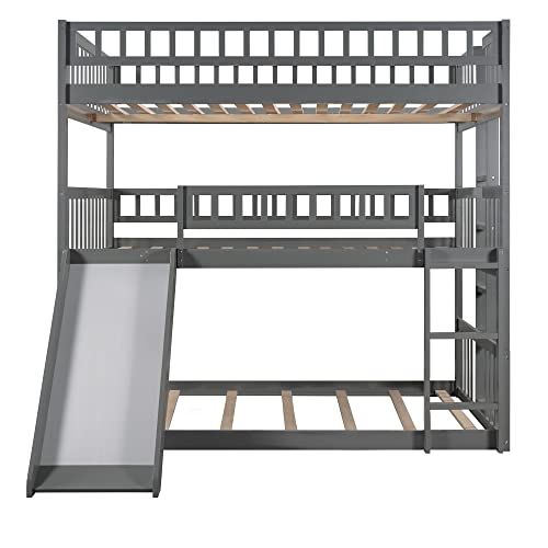 Full Over Full Over Full Triple Bed Frame With 2 Built-In Ladder And Slide, Gray Triple Bunk Bed #TOP7
