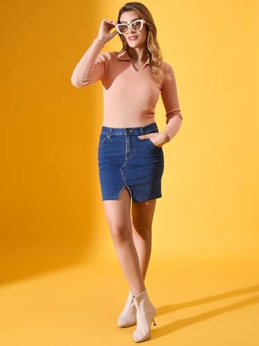 Image of 98 Degree North Women Ribbed Collar Neck Pullover-G1164-BLUEMELANGE