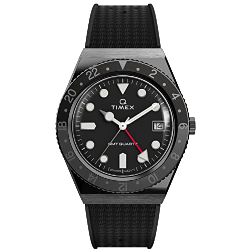 Timex Q - Reloj de 38 mm para hombre, color negro sintético, esfera negra de dos piezas, caja color bronce TW2V38200
