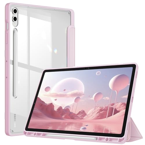 Fintie Hybrid Slim Case for Samsung Galaxy Tab S10 Plus 2024 / S9 FE Plus 5G 12.4 Inch 2023 with S Pen Holder Shockproof Cover with Clear Transparent Back Shell Auto Wake/Sleep Pink