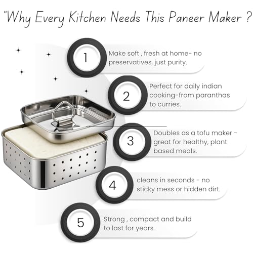 Image of Stainless Steel Paneer Maker with Press Lid and Strainer Box - Square Paneer Mould for Homemade Paneer & Tofu, Perforated Drainage Design, Reusable Press Container for Kitchen Use