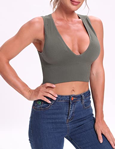 Venbond Women's Sexy Sleeveless Seamless Crop Top Deep Plunge V Neck Ribbed Tank Top with Removable Pads (Green, S) - Image 4
