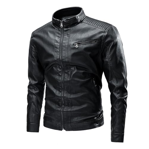 Generisch Chaqueta de cuero para hombre vintage: chaqueta de piel sintética de gran tamaño chaqueta de moto con cuello alto chaqueta bomber de color liso chaqueta motero suave chaqueta para exteriores
