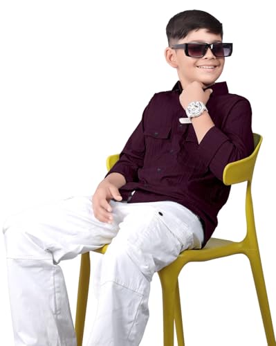 Image of ZilconKid Boy's Cotton Hawaiian Plain Double Pocket Shirt with Spread Collar Neck Full Sleeves Button Closure Curved Length | Shirt for Kids Boys