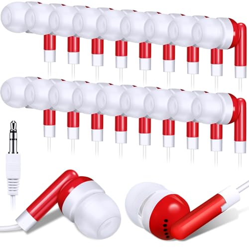 Image of Konohan 100 Pcs Bulk Earbuds with Wire Basic Headphones in Ear for Libraries Laptop, No Microphone 3.5 mm Jack Earbuds Dot Headphones, Individually Bagged (Red)