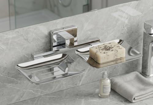 Image of EASYHOME FURNISH Premium Stainless Steel Double Soap Dish for Bathroom and Kitchen | Wall-Mounted Dual Soap Holder with Chrome Finish | Rust-Proof, Heavy-Duty Soap Stand Tray (Square-38 08)