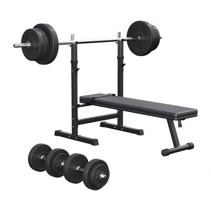 Gorilla Sports® halterbank met lange halterset 38 kg / 70 kg kunststof 30/31 mm – trainingsbank met legplank, lange halters, korte halters, gewichten en stersluitingen - Image 3