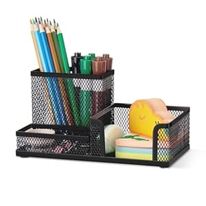 Comix Mesh Pen Pencil Holder with Post It Note Holders Desk Organizer, 3 Compartment Wire Desktop Pen Pencil Cup Caddy Office Supplies Accessories for Home Office School, Black