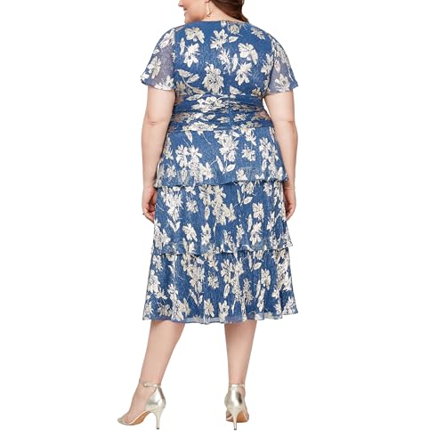 Image of S.L. Fashions Women's Short Sleeve Tea Length V-Neck Mother of The Bride Dress with Ruched Waist, Wedding Guest (Plus Size)
