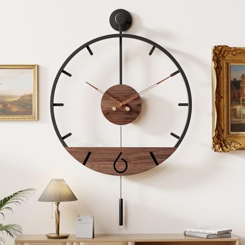 Pytha Sight 30.7×20 Inch Large Modern Decorative Pendulum Wall Clock,Big Metal Farmhouse Oversized Silent Wall Clocks Minimalist Elegant Walnut Dial Pointers for Living Room,Office,Dining Room Decor