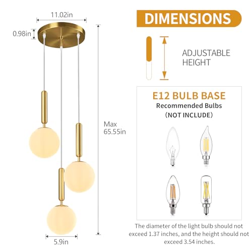 Image of Modern Gold Pendant Light Hanging Fixture Light for Kitchen Island Mid Century with Globe Pendant Light Milk White Glass Pendant Lighting for Living Room Bedroom Entryway (3 Lights)
