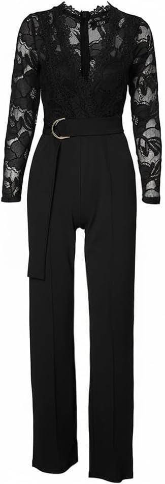 CHICME Womens Floral Lace Jumpsuit 2026 Deep V-Neck Casual Long Sleeve Ovearalls with Belt Pant Side Pockets