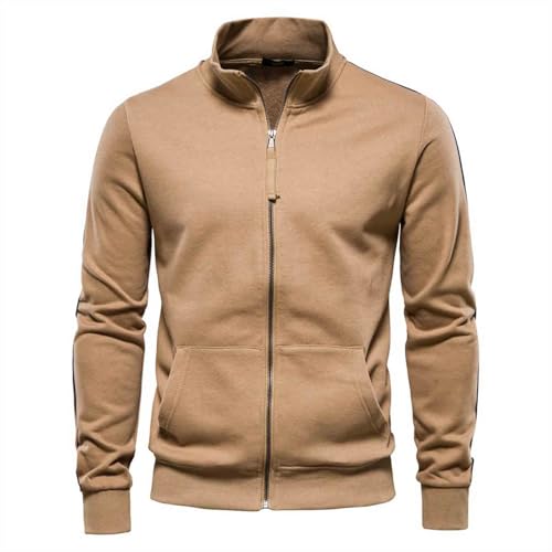 Autumn and winter men's standing collar zipper long sleeved cardigan loose sports top with two front pockets
