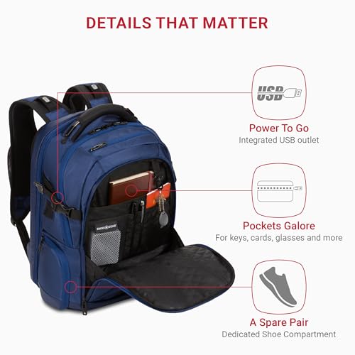 Image of SwissGear Travel Tech Elite Laptop Backpack - Fits Laptops up to 16 inch - ScanSmart TSA-Friendly Backpack with USB Port, Shoe Compartment & Organizer Pockets - Navy Ballistic