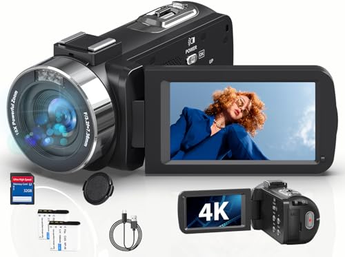 Caméscope 4K Caméra Vidéo, HD 80MP 30FPS Vision Nocturne Infrarouge Zoom Numérique 18X Webcam Camescope, 3,0’’ Pouces Rotation à Écran IPS Vlogging Cameras...