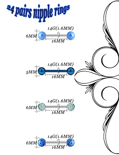 Vsnnsns 24 Pairs 14G Tongue Rings Nipple Piercing Jewelry Surgical Steel Straight Barbell Tongue Rings Glow in Dark Nipple Piercing Jewelry for Women Men 14 Gauge 14MM 16MM2