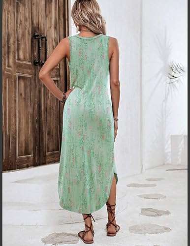 Image of Zeagoo Women Floral Summer Casual Beach Printed Tank Dress with Pockets Pleated Front Long Dress
