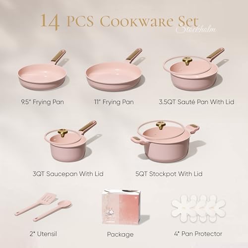 Image of CAROTE Ceramic Cookware Set Nonstick, 14pcs Pots and Pans Set Nonstick, Non-Toxic & PFAS-Free, Dishwasher, RV /Camping Cookware Set, Cooking Pots with Lids, Pink Blush
